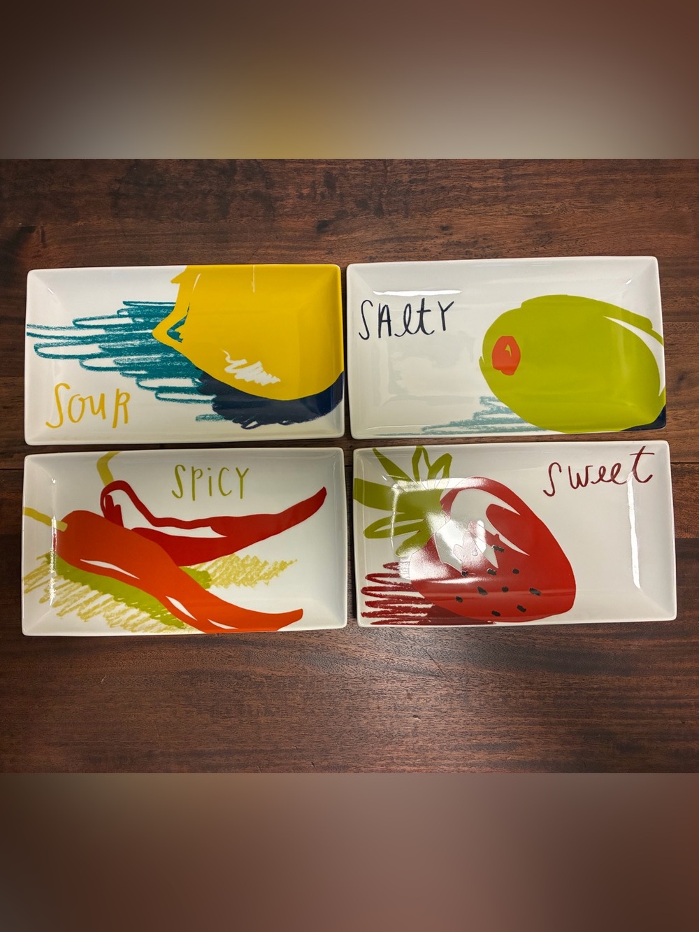 Crate & Barrel Crave Appetizer Plates Set of 4 Sweet, Sour, Salty & Spicy